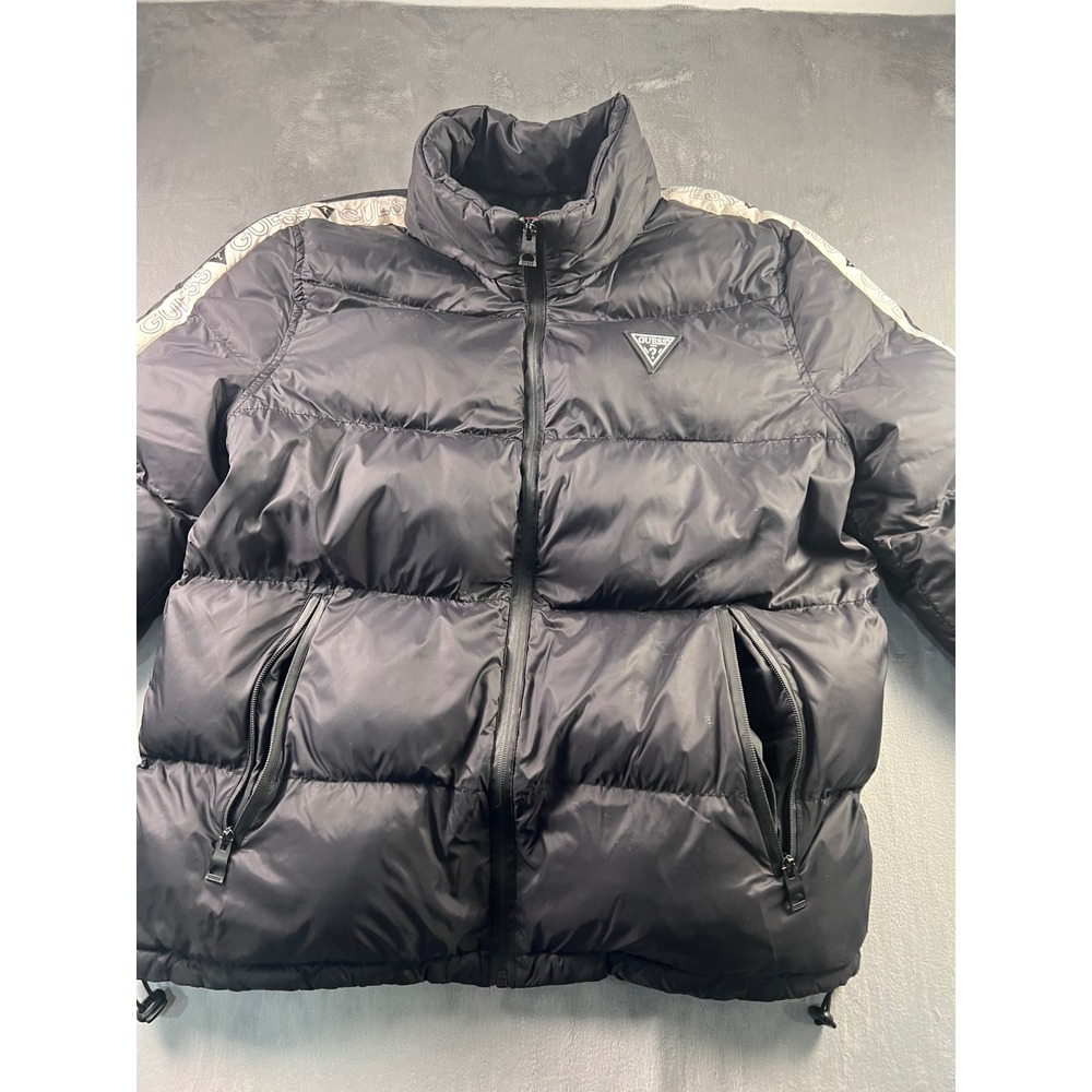 Guess Los Angeles Mens Puffer Jacket Black Logo Tape Puffy Waterproof Zip L